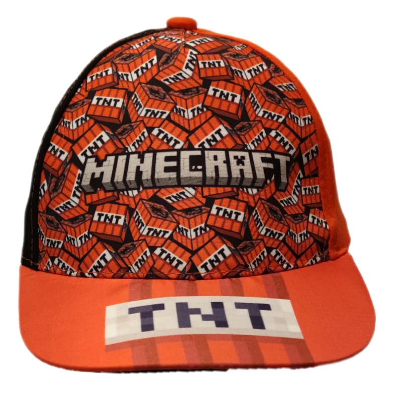 Frontalansicht: Minecraft Basecap für Kinder. Farbe Orange mit TNT Blöcken die aus dem gleichnamigen Spiel bekannt sind